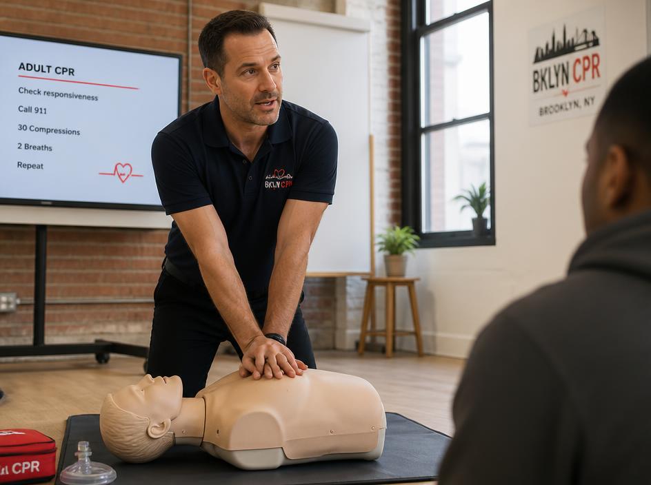 Instructor demonstrating CPR on a training mannequin at the Learn CPR Brooklyn training center